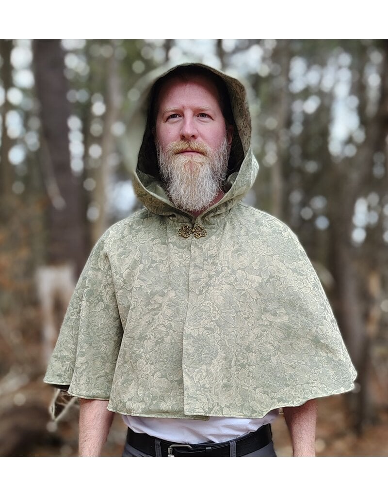 Cloakmakers.com 5976-Light Green Floral Brocade Cloak w/ Antique Bronze Tone Clasp & Pockets