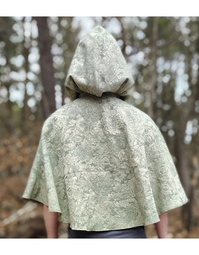 Cloakmakers.com 5976-Light Green Floral Brocade Cloak w/ Antique Bronze Tone Clasp & Pockets