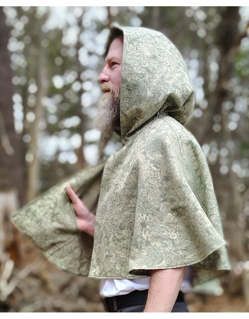 Cloakmakers.com 5976-Light Green Floral Brocade Cloak w/ Antique Bronze Tone Clasp & Pockets