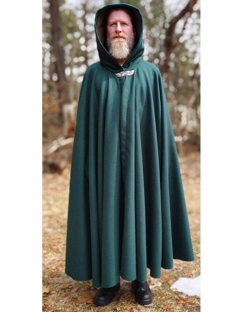 Cloakmakers.com 5977-Forest Green Wool Blend Cloak w/ Brown Velveteen Hood Lining & Multileaf Clasp