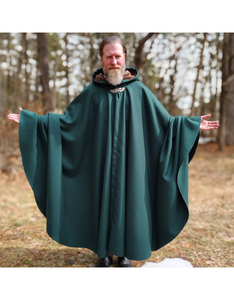 Cloakmakers.com 5977-Forest Green Wool Blend Cloak w/ Brown Velveteen Hood Lining & Multileaf Clasp