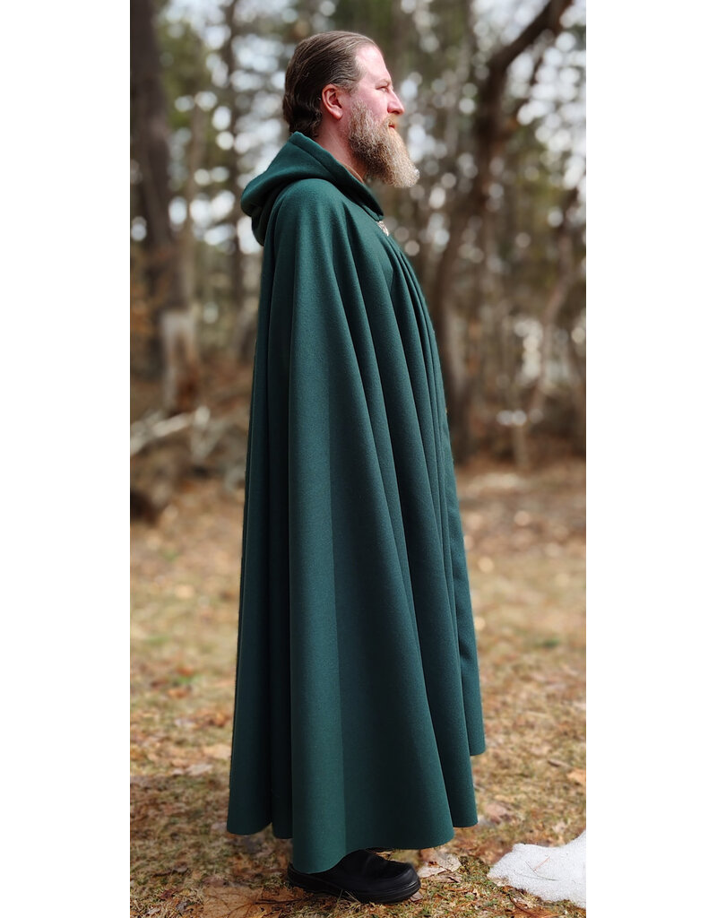 Cloakmakers.com 5977-Forest Green Wool Blend Cloak w/ Brown Velveteen Hood Lining & Multileaf Clasp