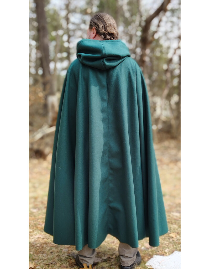 Cloakmakers.com 5977-Forest Green Wool Blend Cloak w/ Brown Velveteen Hood Lining & Multileaf Clasp
