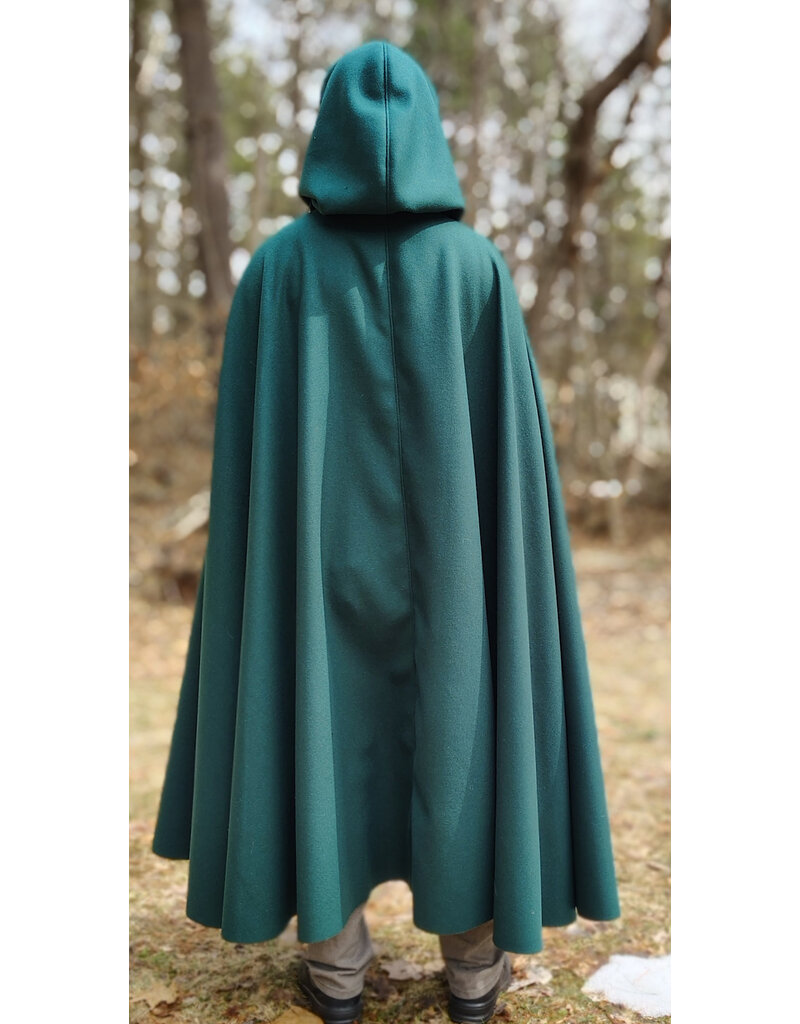 Cloakmakers.com 5977-Forest Green Wool Blend Cloak w/ Brown Velveteen Hood Lining & Multileaf Clasp
