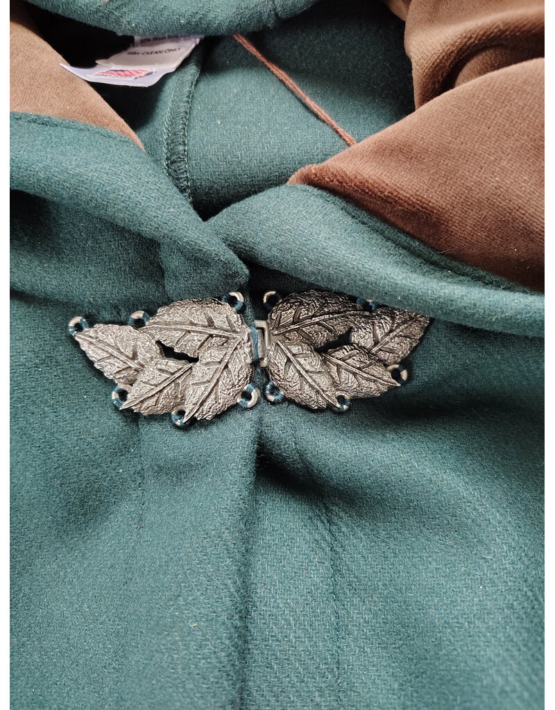 Cloakmakers.com 5977-Forest Green Wool Blend Cloak w/ Brown Velveteen Hood Lining & Multileaf Clasp