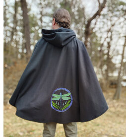 Cloakmakers.com 5978-Washable Black Fleece Cloak w/ Large Green & Purple Dragonfly Embroidery & Silver Tone Clasp