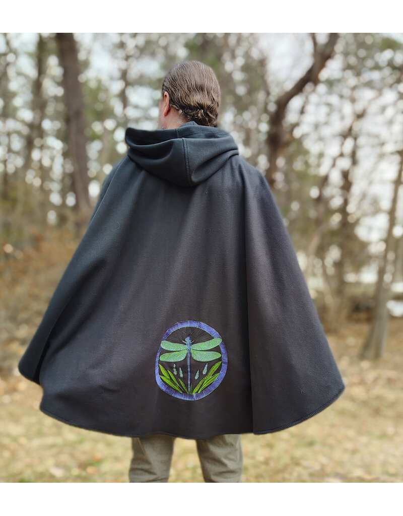 Cloakmakers.com 5978-Washable Almost Black Fleece Cloak w/ Large Green & Purple Dragonfly Embroidery & Silver Tone Clasp