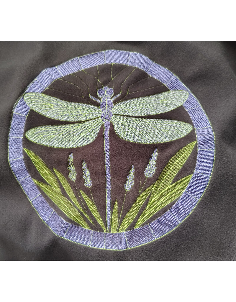 Cloakmakers.com 5978-Washable Almost Black Fleece Cloak w/ Large Green & Purple Dragonfly Embroidery & Silver Tone Clasp