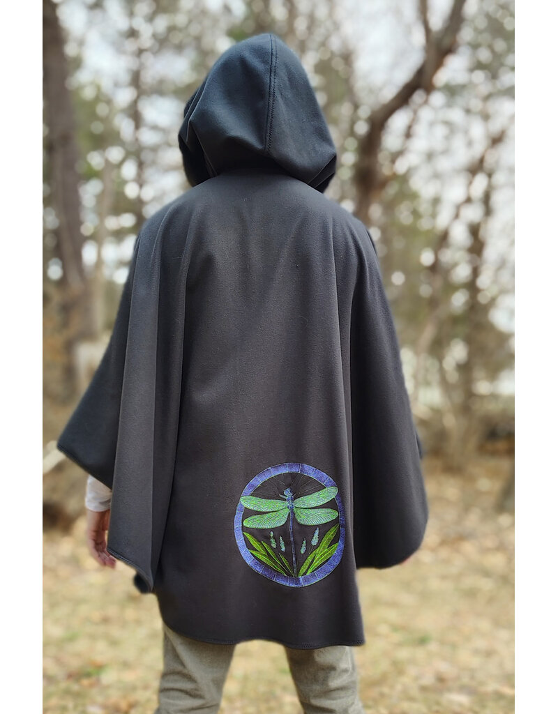Cloakmakers.com 5978-Washable Almost Black Fleece Cloak w/ Large Green & Purple Dragonfly Embroidery & Silver Tone Clasp
