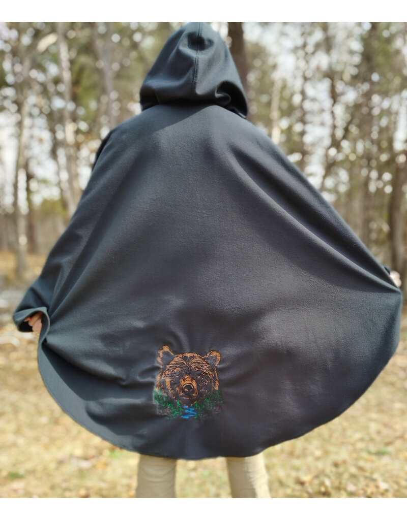 Cloakmakers.com 5980-Washable Almost Black Fleece Poncho Cloak w/ Large Brown Bear Face Embroidery