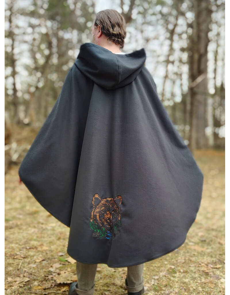 Cloakmakers.com 5980-Washable Almost Black Fleece Poncho Cloak w/ Large Brown Bear Face Embroidery