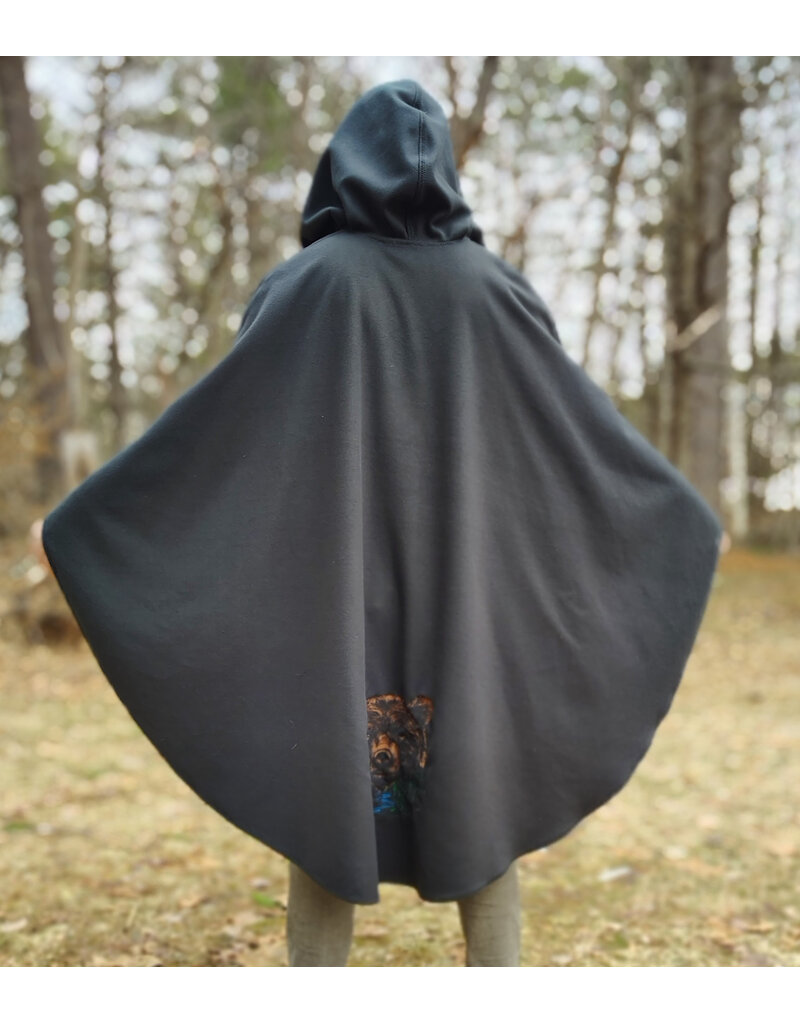 Cloakmakers.com 5980-Washable Almost Black Fleece Poncho Cloak w/ Large Brown Bear Face Embroidery