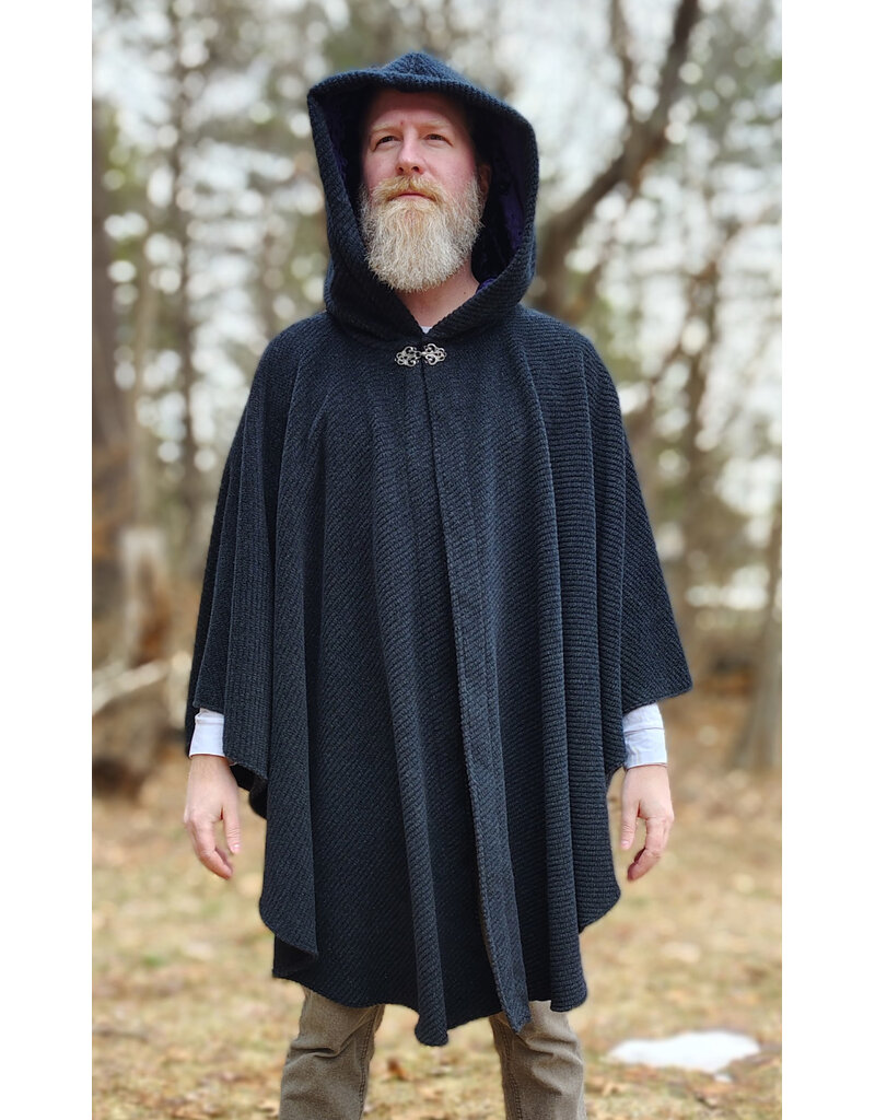 Cloakmakers.com 5981-Washable Charcoal Black Novelty Weave Wool Cloak w/ Dark Purple Velvet Hood Lining & Silver Tone Clasp