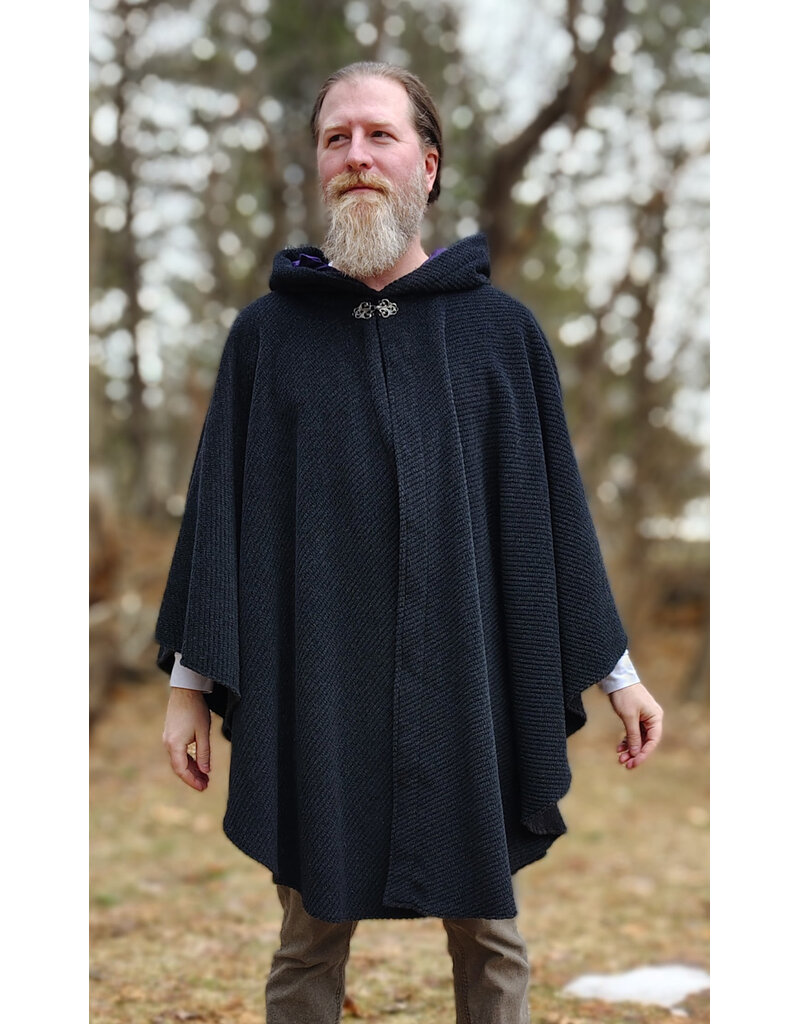 Cloakmakers.com 5981-Washable Charcoal Black Novelty Weave Wool Cloak w/ Dark Purple Velvet Hood Lining & Silver Tone Clasp