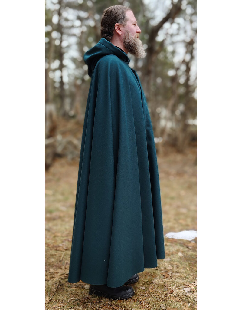 Cloakmakers.com 5982-Deep Teal Woven Wool Cloak w/ Black Velvet Hood Lining & Silver Tone Clasp