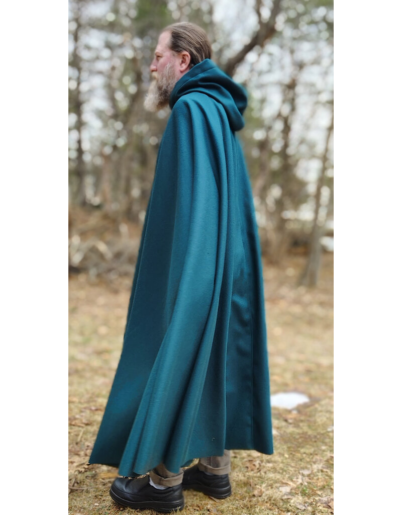 Cloakmakers.com 5982-Deep Teal Woven Wool Cloak w/ Black Velvet Hood Lining & Silver Tone Clasp