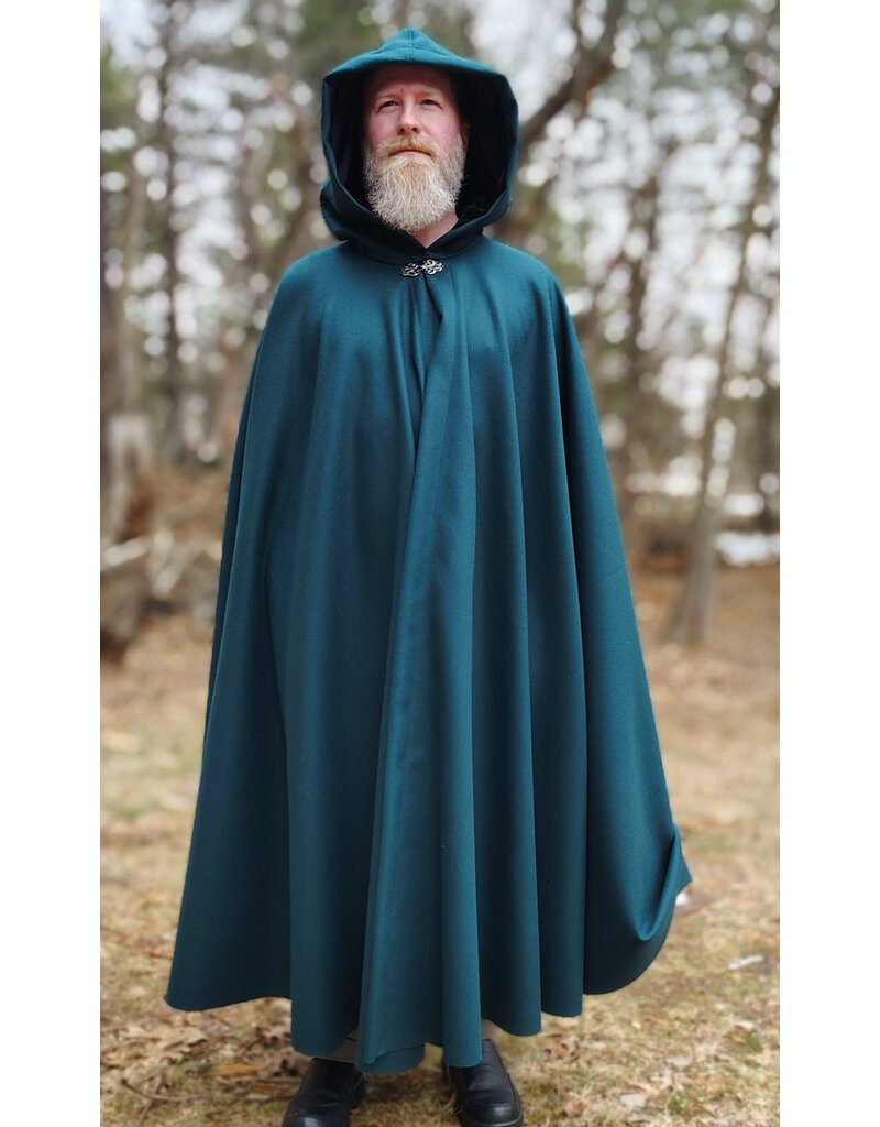 Cloakmakers.com 5982-Deep Teal Woven Wool Cloak w/ Black Velvet Hood Lining & Silver Tone Clasp