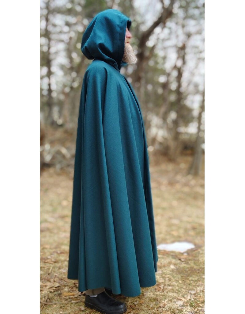 Cloakmakers.com 5982-Deep Teal Woven Wool Cloak w/ Black Velvet Hood Lining & Silver Tone Clasp