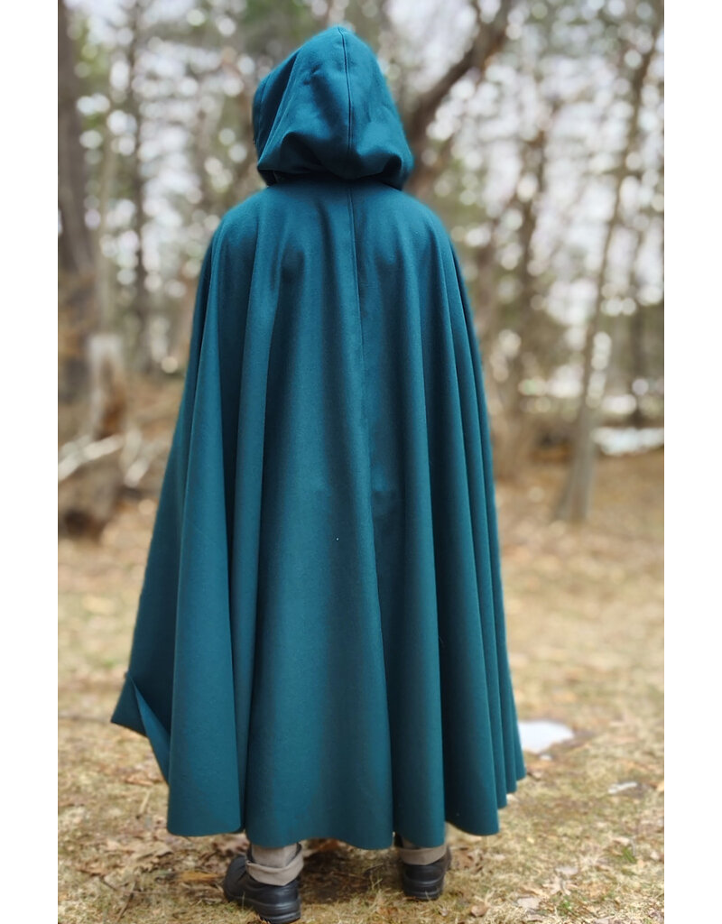 Cloakmakers.com 5982-Deep Teal Woven Wool Cloak w/ Black Velvet Hood Lining & Silver Tone Clasp
