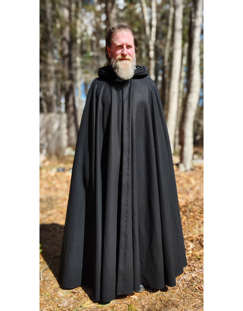 Cloakmakers.com 5983-Extra Long Black Wool Blend Cloak w/ Black Velvet Hood Lining & Triquetra Clasp