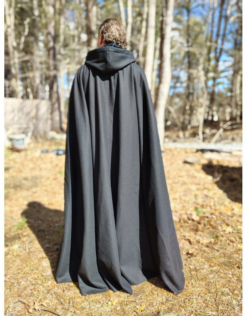Cloakmakers.com 5983-Extra Long Black Wool Blend Cloak w/ Black Velvet Hood Lining & Triquetra Clasp