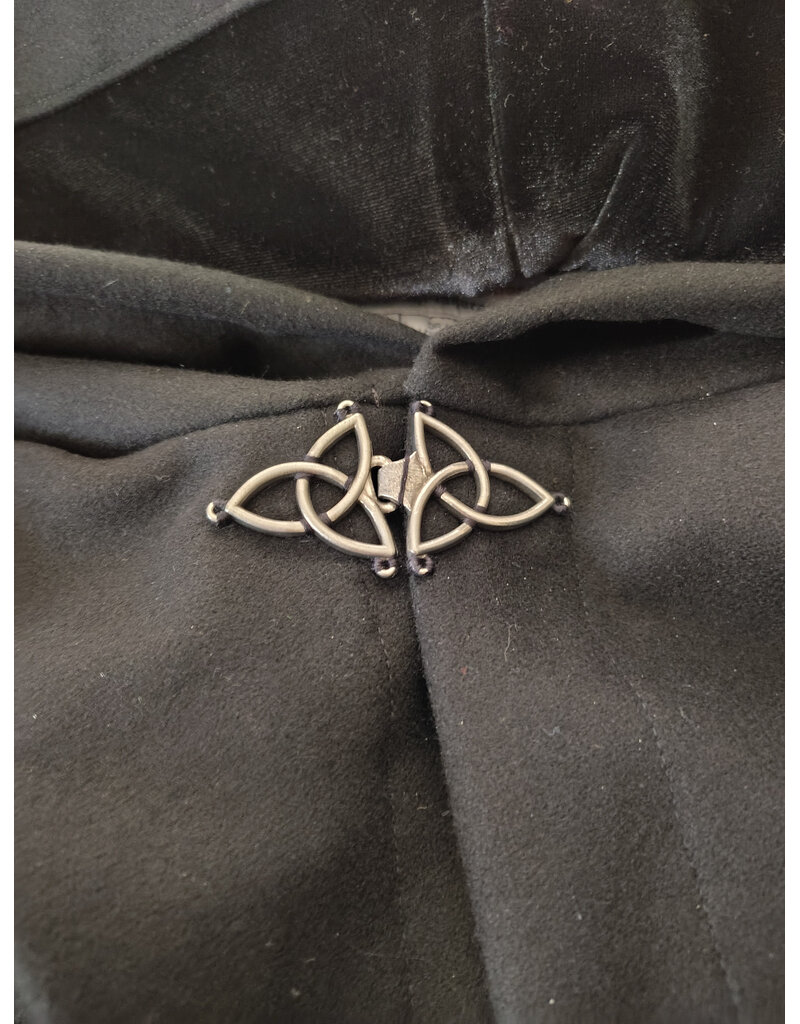 Cloakmakers.com 5983-Extra Long Black Wool Blend Cloak w/ Black Velvet Hood Lining & Triquetra Clasp