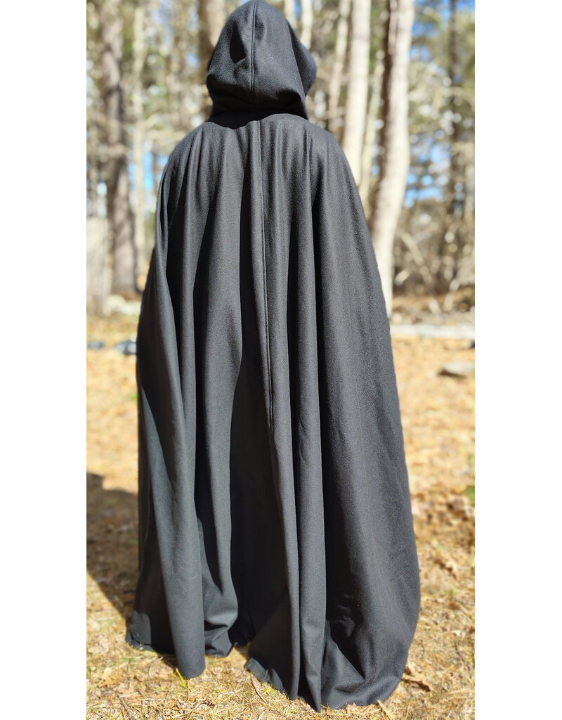 Cloakmakers.com 5983-Extra Long Black Wool Blend Cloak w/ Black Velvet Hood Lining & Triquetra Clasp
