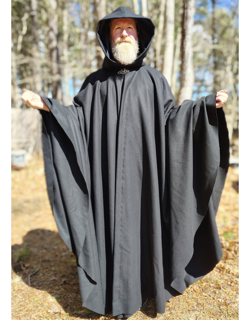 Cloakmakers.com 5983-Extra Long Black Wool Blend Cloak w/ Black Velvet Hood Lining & Triquetra Clasp