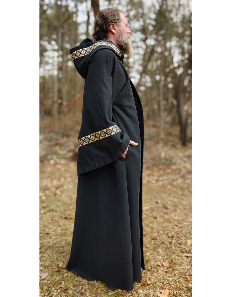 Cloakmakers.com R548 - Washable Black Cotton Robe w/ Pockets & Black, Gold & Silver Trim