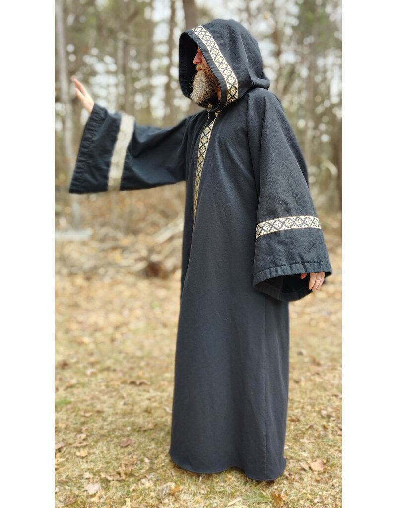 Cloakmakers.com R548 - Washable Black Cotton Robe w/ Pockets & Black, Gold & Silver Trim