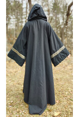 Cloakmakers.com R548 - Washable Black Cotton Robe w/ Pockets & Black, Gold & Silver Trim