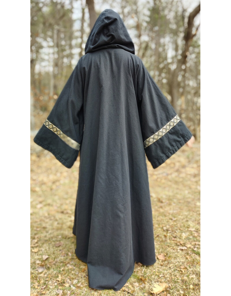 Cloakmakers.com R548 - Washable Black Cotton Robe w/ Pockets & Black, Gold & Silver Trim