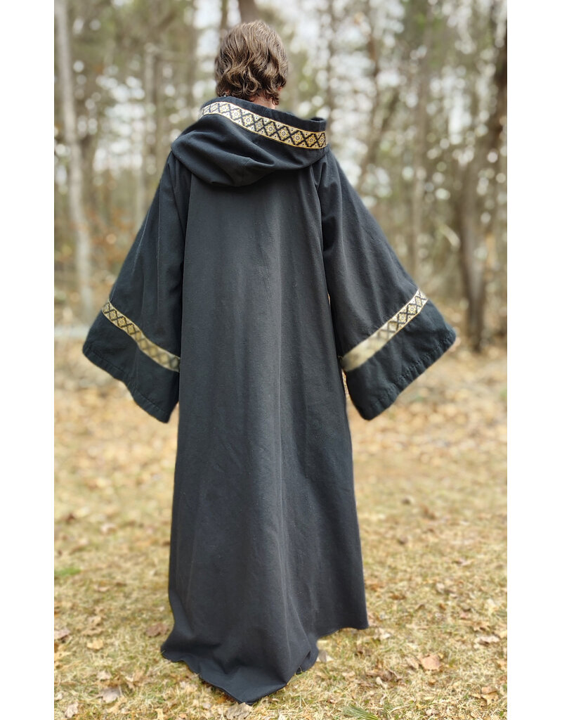 Cloakmakers.com R548 - Washable Black Cotton Robe w/ Pockets & Black, Gold & Silver Trim