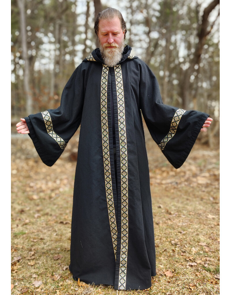 Cloakmakers.com R548 - Washable Black Cotton Robe w/ Pockets & Black, Gold & Silver Trim