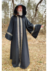 Cloakmakers.com R548 - Washable Black Cotton Robe w/ Pockets & Black, Gold & Silver Trim