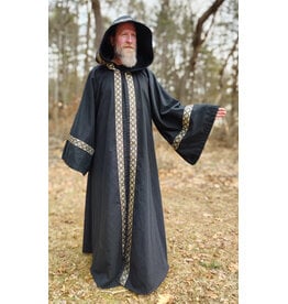 Cloakmakers.com R548 - Washable Black Cotton Robe w/ Pockets & Black, Gold & Silver Trim