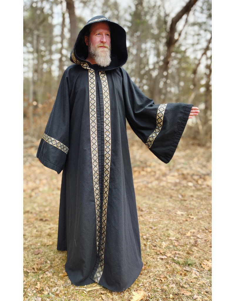 Cloakmakers.com R548 - Washable Black Cotton Robe w/ Pockets & Black, Gold & Silver Trim
