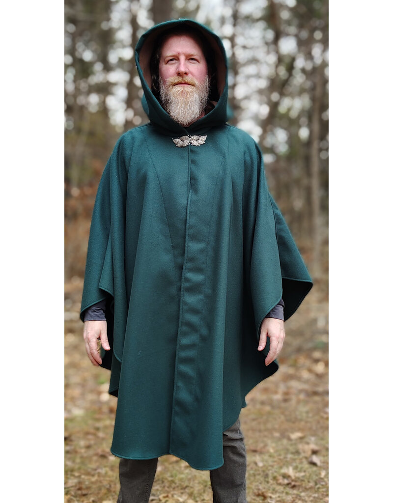 Cloakmakers.com 5986-Forest Green Cloak w/ Brown Velvet Hood Lining & Multileaf Pewter Clasp