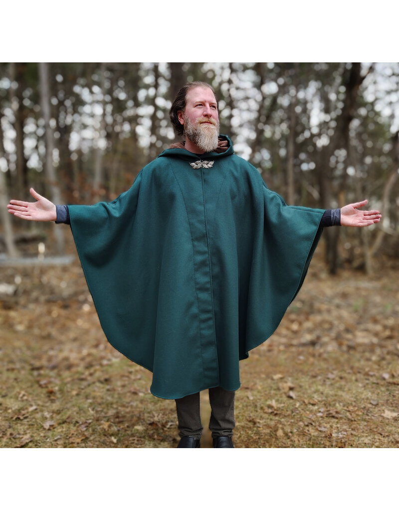 Cloakmakers.com 5986-Forest Green Cloak w/ Brown Velvet Hood Lining & Multileaf Pewter Clasp