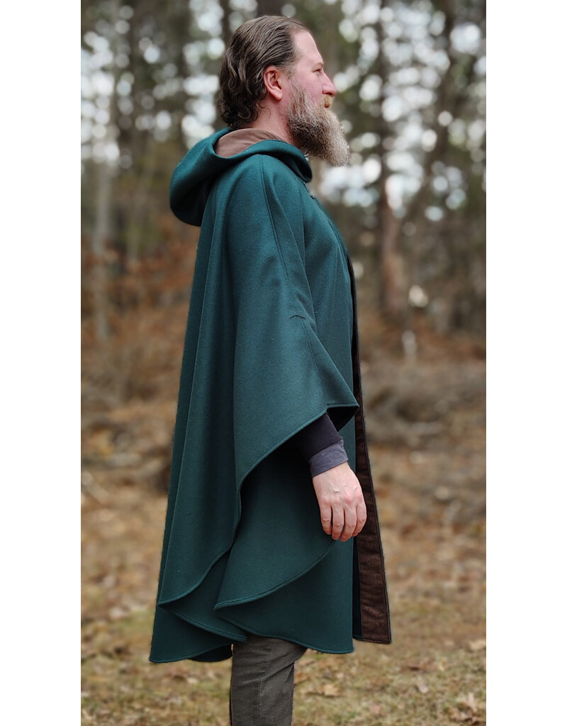 Cloakmakers.com 5986-Forest Green Cloak w/ Brown Velvet Hood Lining & Multileaf Pewter Clasp