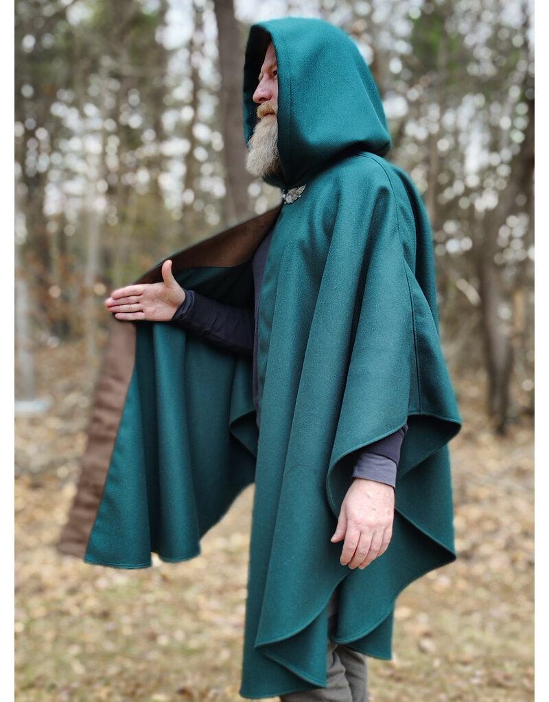 Cloakmakers.com 5986-Forest Green Cloak w/ Brown Velvet Hood Lining & Multileaf Pewter Clasp