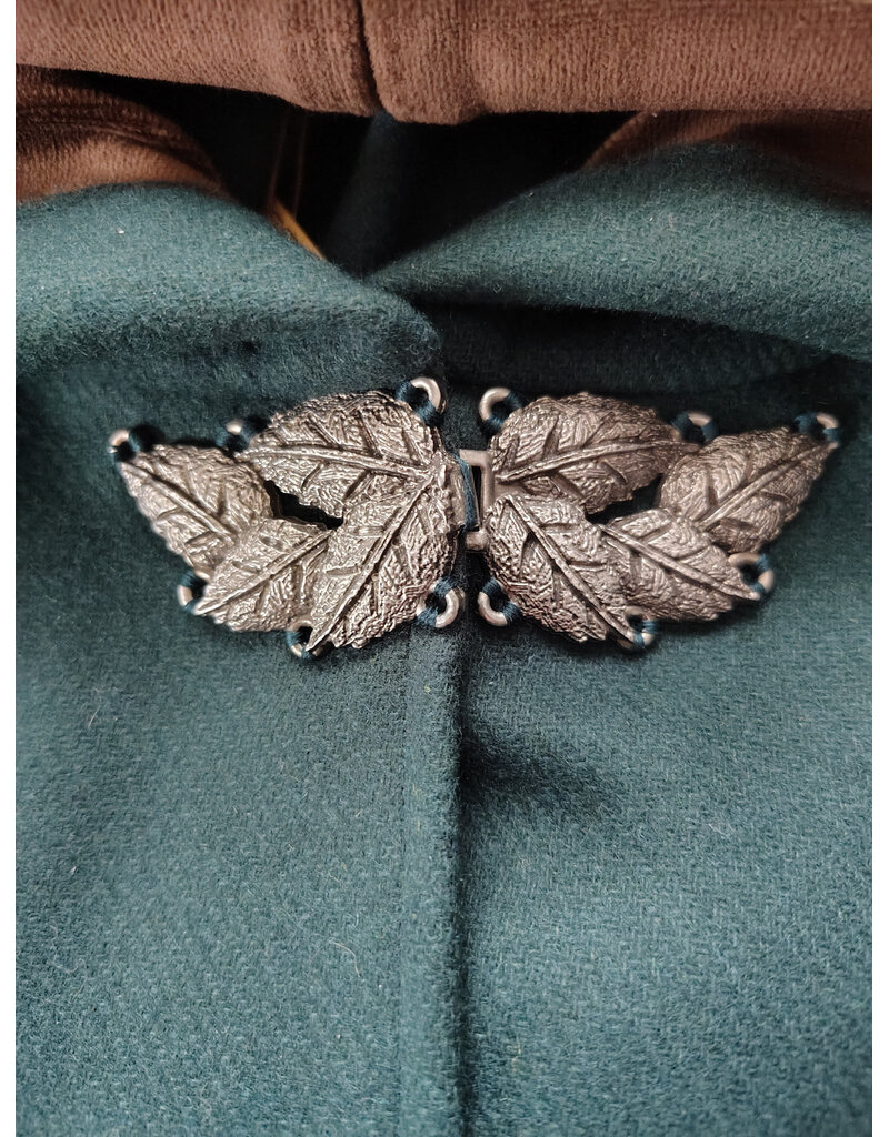 Cloakmakers.com 5986-Forest Green Cloak w/ Brown Velvet Hood Lining & Multileaf Pewter Clasp