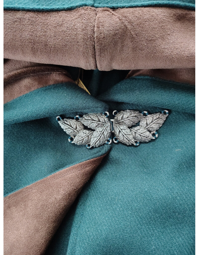 Cloakmakers.com 5986-Forest Green Cloak w/ Brown Velvet Hood Lining & Multileaf Pewter Clasp