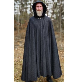 Cloakmakers.com 5987-Washable Black & While Woven Wool Blend Cloak w/ Black Velvet Hood Lining & Silver Tone Clasp
