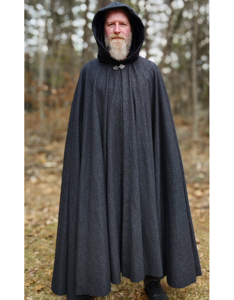 Cloakmakers.com 5987-Washable Black & While Woven Wool Blend Cloak w/ Black Velvet Hood Lining & Silver Tone Clasp