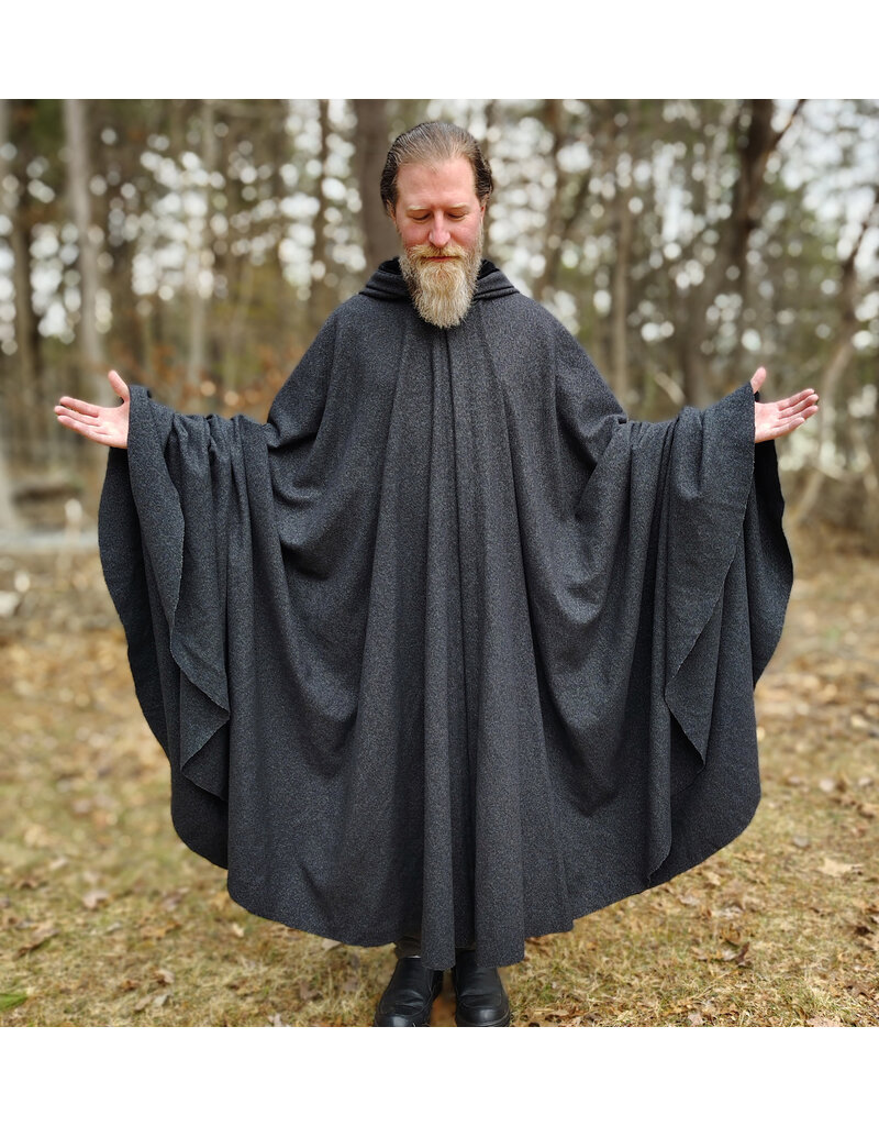 Cloakmakers.com 5987-Washable Black & While Woven Wool Blend Cloak w/ Black Velvet Hood Lining & Silver Tone Clasp