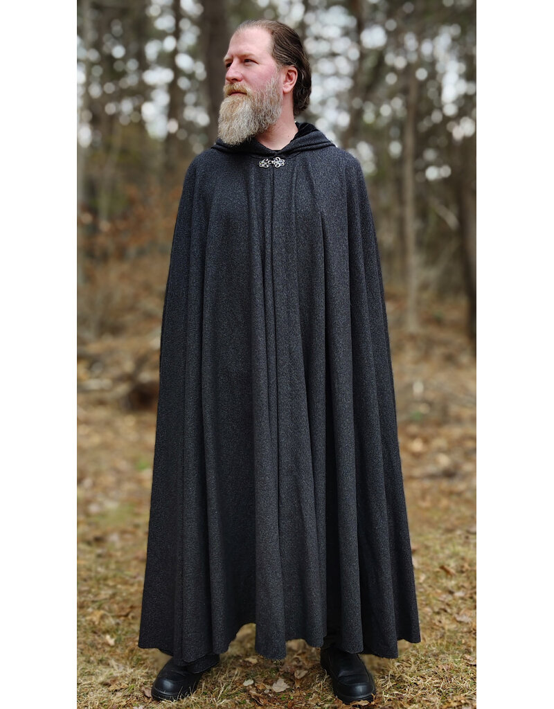 Cloakmakers.com 5987-Washable Black & While Woven Wool Blend Cloak w/ Black Velvet Hood Lining & Silver Tone Clasp