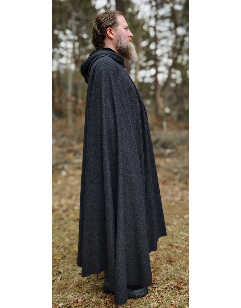 Cloakmakers.com 5987-Washable Black & While Woven Wool Blend Cloak w/ Black Velvet Hood Lining & Silver Tone Clasp