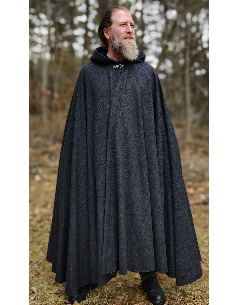 Cloakmakers.com 5987-Washable Black & While Woven Wool Blend Cloak w/ Black Velvet Hood Lining & Silver Tone Clasp