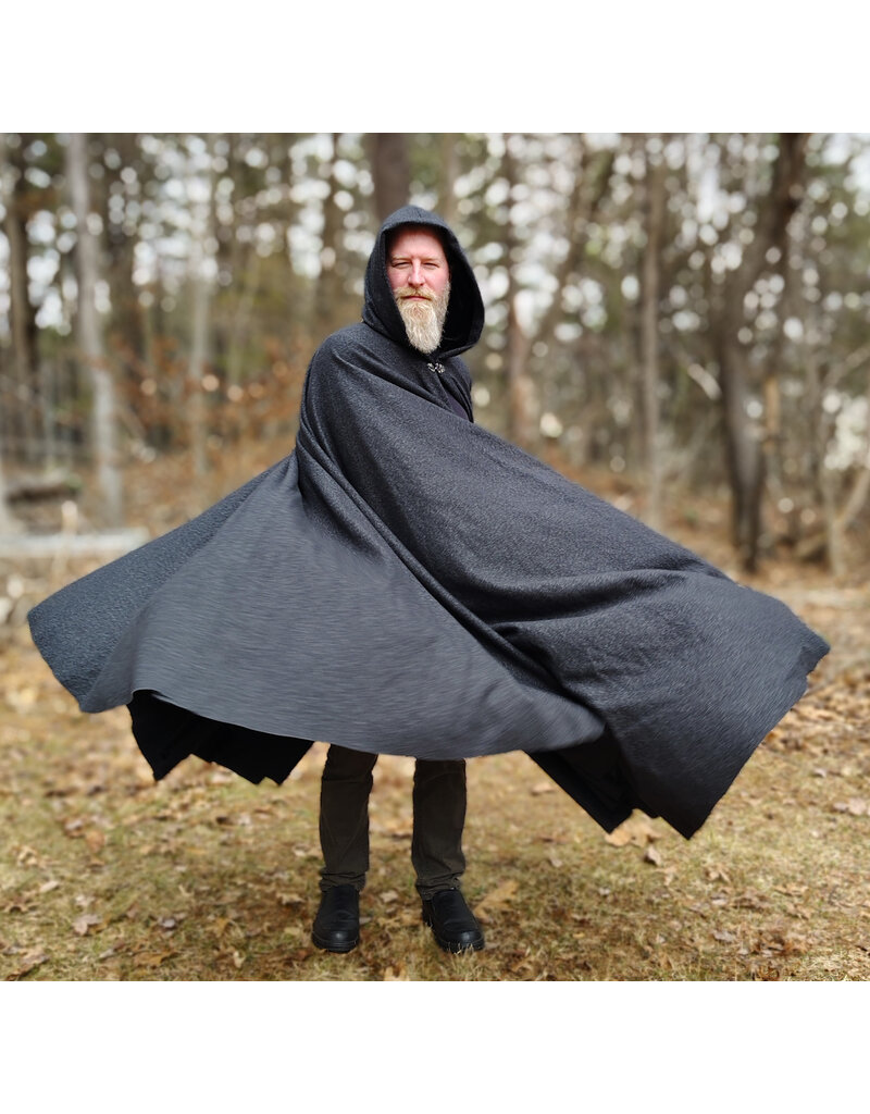 Cloakmakers.com 5987-Washable Black & While Woven Wool Blend Cloak w/ Black Velvet Hood Lining & Silver Tone Clasp